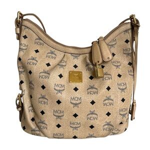 MCM Leather Visetos Logo Monogram Hobo Shoulder Crossbody Bag Purse Beige Tan